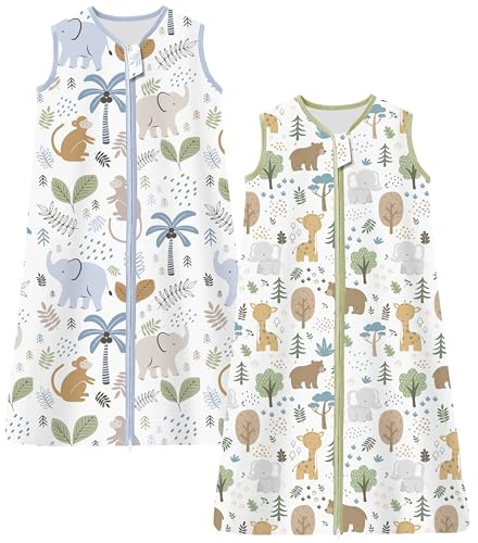 Chilsuessy Kinder Schlafsack 1 Tog 2er Packe Baby Schlafsack aus 100% Baumwolle,Baby Ganzjahresschlafsack Schlafanzug für Jungen und Mädchen, 1 Tog/Süße Affe + Giraffe, 110cm/Baby Höhe 100-120cm