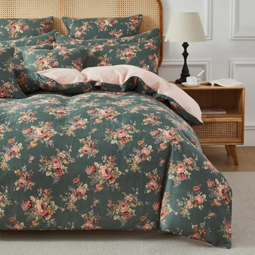 USTIDE Forest Green Floral Duvet Cover Set, 100% Cotton Double Bedding, King Size 3 Piece Ultra Soft Breathable Quilt Cover, Shabby Chic Vintage Rose Garden Design, All-Season Comfort