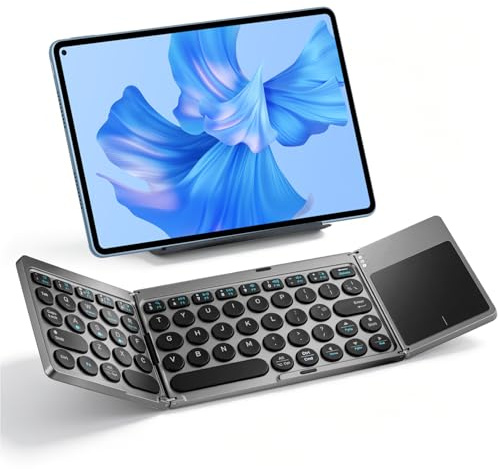 Jeifhxu Foldable Bluetooth Keyboard with Touchpad, Portable Travel Wireless Mini Folding Keyboard with Trackpad – Rechargeable Pocket Size Keyboard for iPad, Android, iOS, Windows, PC with PU Cover