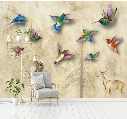 Retro Handgezeichnet Bäume Elche Vögel 3D Tapeten Tapete Luxus Home Esszimmer Fototapete Effekt Wohnzimmer Schlafzimmer Kinderzimmer-300cm×210cm