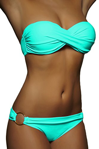 ALZORA Twist Push Up Bandeau Bikini Set Blau Weiß Streifen Gestreift Damen Pushup Badeanzug 2019010
