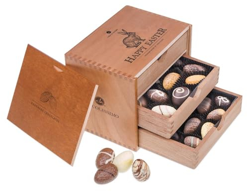 CHOCOLISSIMO - Ostergeschenk – 30 edle, handgefertigte Pralinen in stilvoller Holzbox – Luxuriöse Pralinenmischung für Genießer, Geschenkidee für Frauen, Männer, Mama, Papa, Premium Osterschokolade