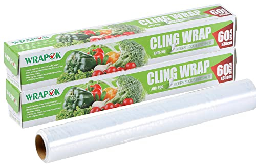 2 x Catering Cling Film Plastic Food Grade Wrap for Kitchen, 300 mm x 60 m | Microwave Safe, Keep Food Fresh, Inner Sawtooth for Easy to Cut