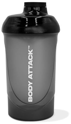 Body Attack Protein Shaker schwarz 600 ml Fassungsvermögen | BPA frei, spülmaschinenfest, mit Sieb, mit Schraubverschluss