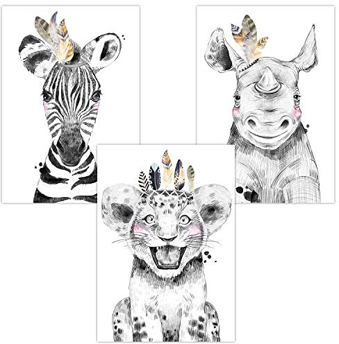 Olgs Wandbilder 3er Set für Babyzimmer Deko Poster | Dekoration Kinderzimmer | Kunstdruck DIN A4 für Junge und Mädchen Safari Tiere (Zebra Löwe Nashorn Boho)