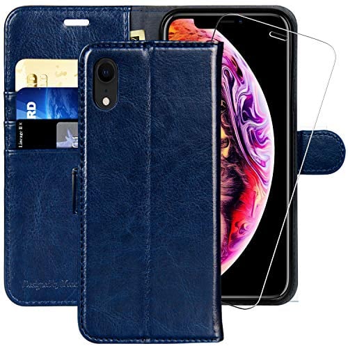 MONASAY Handyhülle Fit für iPhone XR 6.1 Zoll,[Schutzfolie][Kartenfach][Standfunktion][Magnet],Stoßfeste Schutzhülle,Premium Leder Flip Case Fit für Apple iPhone XR, Blau