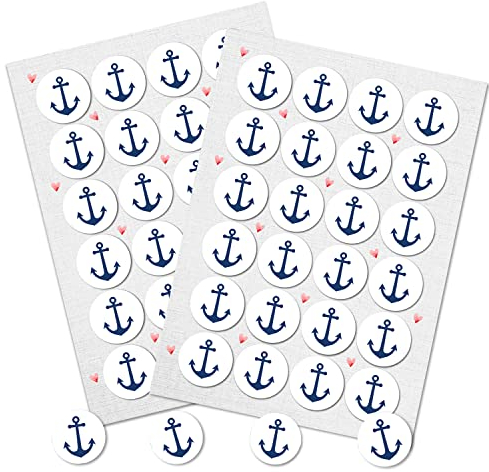 Aufkleber Anker, 48er Set: Maritime Sticker, Deko Sommer, Meer & Strand, Aufkleber Maritim, Dekoration für Karten, Geschenke & Party, Dekosticker Klein, Maritimdeko, Schiffsanker, Weiß/Blau, Ø 4 cm