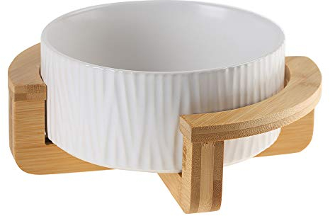 White 6 inch Ceramic Cat Bowl with Wood Stand No Spill Pet Food Water Feeder Cats Small Dogs