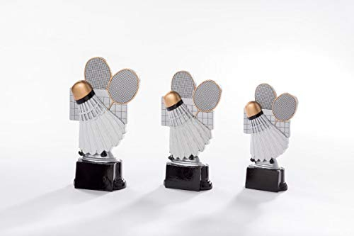 Henecka Badminton-Pokal, Resinfigur Badminton, Silber mit Bronze, mit Wunschgravur, Größe 20 cm
