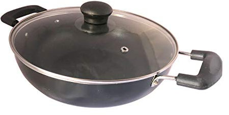 Non Stick Kadai with Glass Lid All Purpose Pan, Non Stick Kadhai Deep Stir Fry Pan with Glass Lid for Gas and Induction Cooktop, Aluminum Kadhai Deep Fry Pan Nonstick (3mm) 2.2 LTR