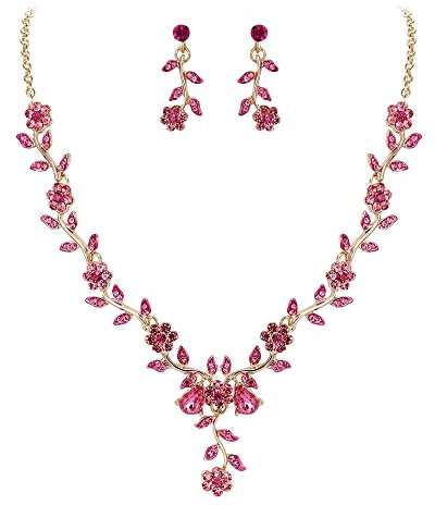 Clearine Women's Wedding Jewellery Set Leaf Cluster Flower Crystal Pendant Necklace Dangle Earrings for Bridal Brides Pink Gold-Tone