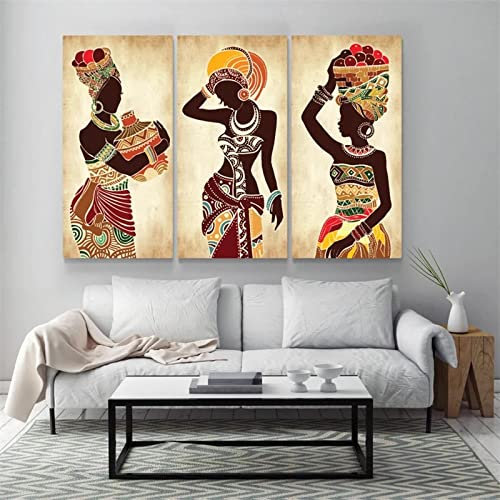 HONGC Tableaux sur Toile Femme Noire Africaine Toile Peinture Ethnique Art Affiche pour Salon Décoration Maison Décoration Murale Peintures Image 60x100cmx3 Pas de Cadre