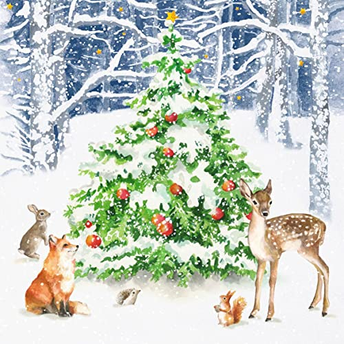 20 Servietten Tiere versammeln sich um Winterbaum | Reh | Fuchs | Hase | Tiere | Weihnachten | Winter | Tischdeko | Decoupage | Serviettentechnik 33x33cm