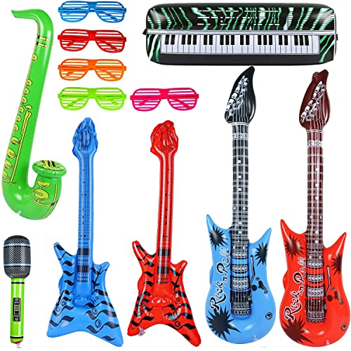 12 stück größe buntes aufblasbare Instrumente Spielzeug,2xaufblasbare Gitarre,2×aufblasbare Bass,2×aufblasbares Saxophon,1×aufblasbares mikrofon,5×Shutter Shading gläser,1×aufblasbare Tastatur