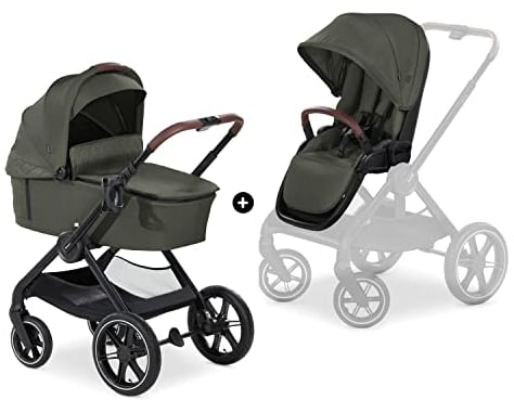 hauck 2in1 Kinderwagen mit Luftreifen Walk N Care Air Set ab Geburt bis 22 kg + 3 kg Korb, Wanne mit Memory-Knöpfen Sitz mit Liegefunktion Wendbar Höhenverstellbar, Teleskopgriff, UPF 50+ (Dark Olive)