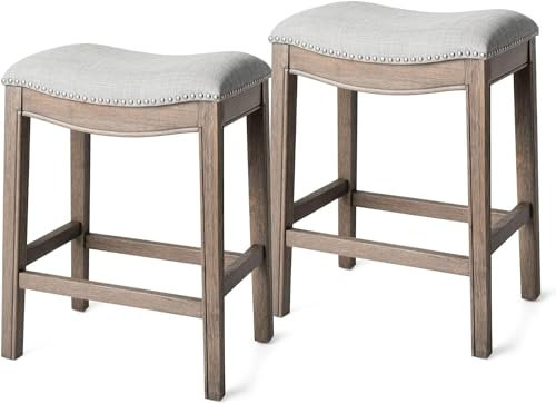Maven Lane Adrien 66 cm Counter Height Upholstered Backless Saddle Barstool in Reclaimed Oak Finish with Ash Grey Fabric Cushion Seat, Set of 2