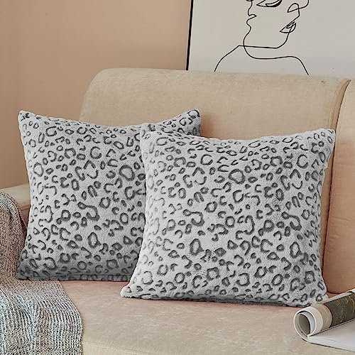 FY FIBER HOUSE Flanell-Kissenbezüge mit Leopardenmuster, für Couch, Bett, Sofa, 40,6 x 40,6 cm, Grau, 2 Stück