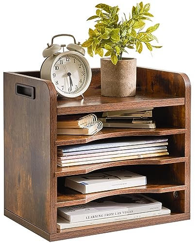 YMYNY Desktop File Organizer, Paper Storage Desk Filing Rack with 3 Adjustable Shelves, 5 Tier in Tray A4 File Holder Magazine for School, Office, 34 x 23 x 31.5CM Rustic Brown HBC006H