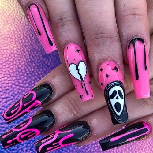 Brishow Künstliche Nägel lange, Halloween-Dekorationen, Geist, Nägel zum Aufkleben, Press on Nails, 24 Stück für Frauen und Mädchen