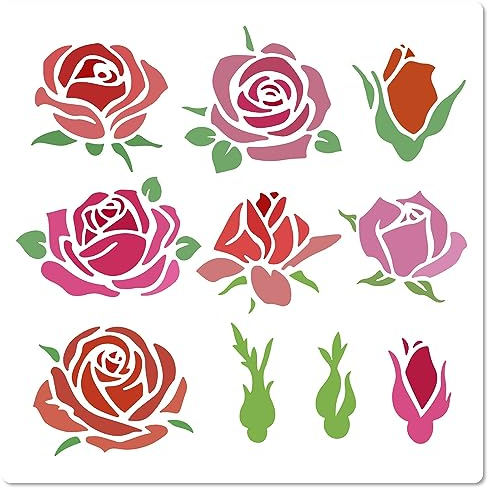 GORGECRAFT 18x18cm Rose Fleurs Pochoir Fleurs Feuilles Modèles Rosette Bourgeons Floraux Motif Rose Réutilisable Pochoirs Carrés en Plastique Signe pour Peinture Sur Toile Tissu Scrapbooking Bricolage