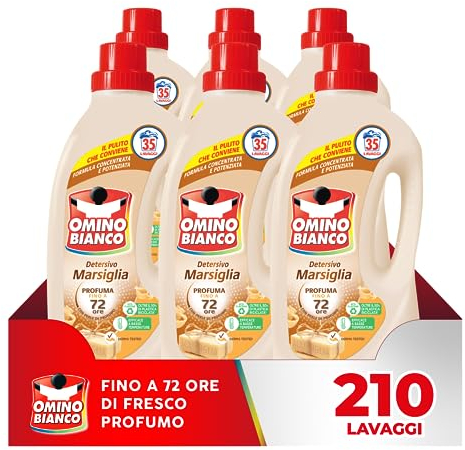 Omino Bianco - Detersivo Lavatrice Liquido, 210 Lavaggi, Rispetta Colori e Tessuti, Fresco Profumo con Essenza Cuore di Marsiglia, 1400 ml x 6 Confezioni