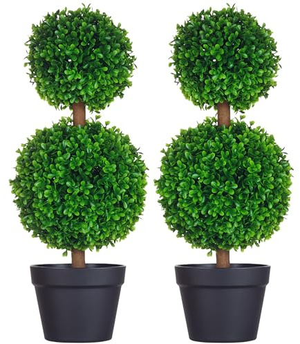 HOMCOM Set of 2 23.6 Artificial Ball Boxwood Topiary Trees with Pot, Indoor Outdoor Fake Plants for Home Office & Living Room Decor