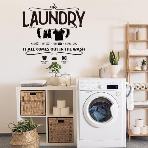 SUPERDANT Wandtattoo Wäsche Schwarz Mit Zitaten Wandsticker It All Comes Out In The Wash Wanddekor Wandaufkleber Wäscheaufkleber Vinyl Wandsticker Für Wäsche Badezimmer Heimdekoration