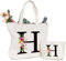 Tragetasche und Kosmetiktasche mit Initial, Canvas Einkaufstasche mit Reißverschluss, Personalisiert Initialen Baumwolltasche Geschenk für Freundin Frau Mama Schwester Geburtstag Hochzeit Muttertag H