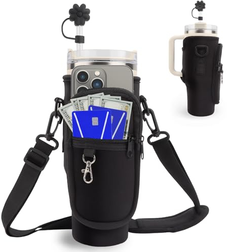Stanley 40oz Tumbler Carrier with Adjustable Strap and Phone Pocket, Neoprene Water Bottle Bag with Straw Cover, Fits Walking and Fitness (Black)