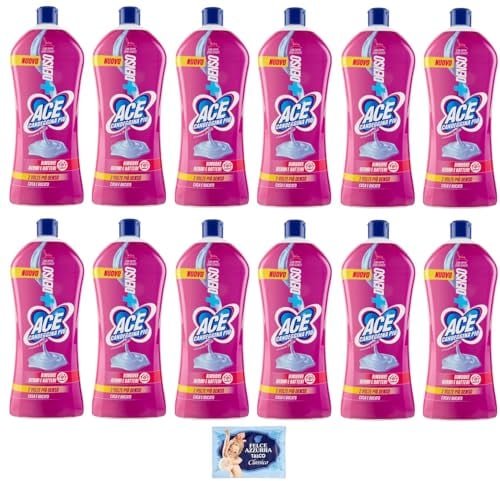 12x Ace Candeggina Più +Denso Armonie Floreali - igienizza superfici e bucato in profondità - Bottiglia Squeeze 1Lt + 1 Confezione di Talco Felce Azzurra in omaggio, Busta da 100g