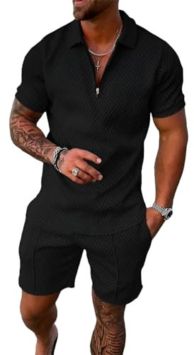 amropi Herren Sportanzug Sommer Trainingsanzug Kurzarm Reißverschluss Top und Shorts Kleidung Set Schwarz, M