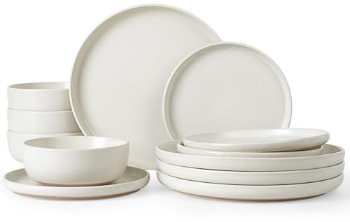 Famiware Milkyway Service de table 12 pièces avec assiettes et bols en grès émaillé réactif pour 4 personnes, beige mat et blanc