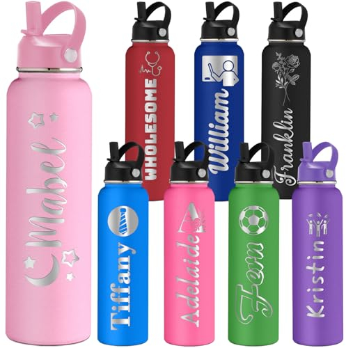 Bouteilles d'Eau Personnalisées avec Design de Noms 350/500/700/950 ml 1L avec Poignée et Paille Bouteille Isotherme Acier Inoxydable Personnalisable avec Texte pour Sports Voyages Bureau