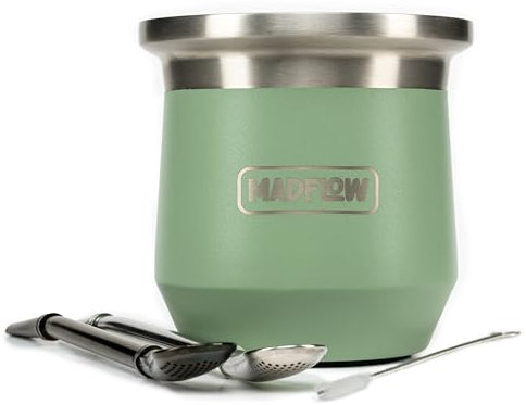 MADFLOW | Tazza per Mate Argentino | Tazza per Yerba Mate in Acciaio Inox con 2 Bombilla | Set Completo Mate Argentino e Bombillas | Naturale con Isolamento Sottovuoto | Idea Regalo