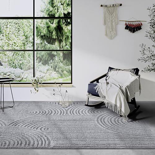Elle Decoration Hochflor Teppich Chappe – Moderner Wohnzimmerteppich, Langflor Shaggy, Modernes Muster, Flauschig Weich Boho für Wohnzimmer, Schlafzimmer – Hellgrau, 120x170cm