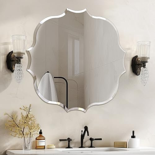 Artloge Flurspiegel Wand abgeschrägter Spiegel 60×60 cm gewellter Rand, dekorative Wohnzimmer Spiegel Dekospiegel Silber HD Hochwertiger Hängespiegel für Wohnzimmer Schlafzimmer Badezimmer