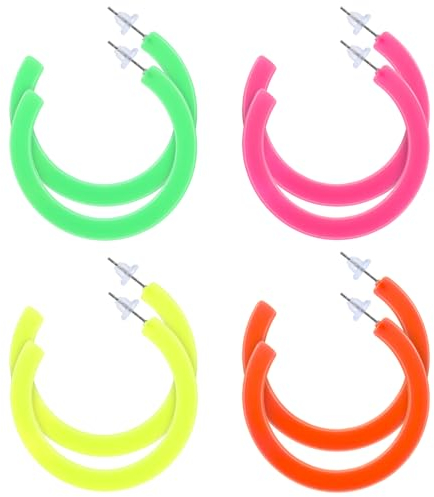 Tyqour 4 Paar Neon Ohrringe Damen 80er 90er Jahre Ohrringe Acryl Vintage Große Creolen Neon Earrings Party Kostüm Zubehör für Party Kostümschmuck Accessoires