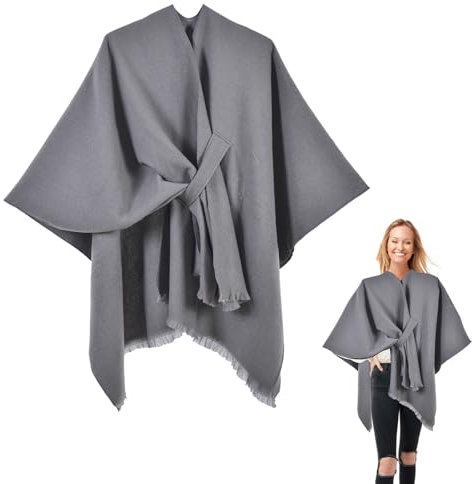 Shengxi Damen Strick Ponchos Elegant Poncho Schal Reversibel Capes Decke Vorne öffnen Warme Wrap Cardigans Gestrickter Mantel (DE/NL/SE/PL, Alphanumerisch, Einheitsgröße, Regular, Regular, Grau)