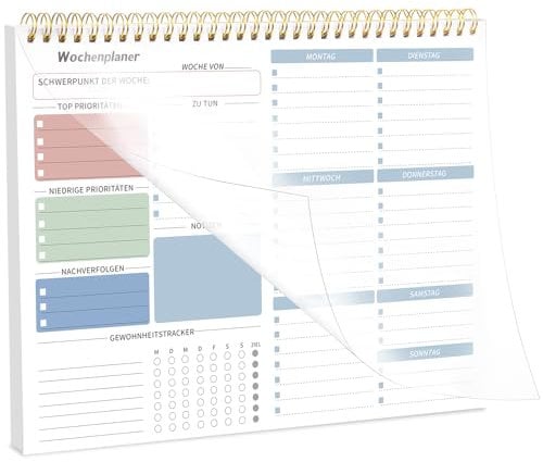 Wochenplaner Block, 28 x 22 cm Spiralgebundene To Do Liste Block 52 Blätter Undatierter Weekly Planner mit To Do Liste & Habit Tracker, To Do Planer für Studium Arbeit (Blau)