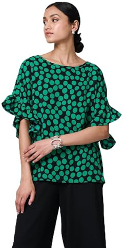 Izabel London Polka Dot Frilled 1/2 Sleeve Blouse for Women UK with a Boat Neck, a Relaxed fit and a Curved Hem.