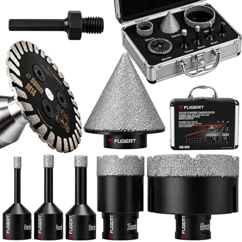 FUGERT Diamant Fliesenbohrer Set 6/8/10/35/68 mm Bohrkronen für Fliesen | mit 50 mm Konusbohrer und 50 mm Diamant-Trennscheibe Profi-Lochsägen für Feinsteinzeug, Keramik, Marmor, Granit und Glas