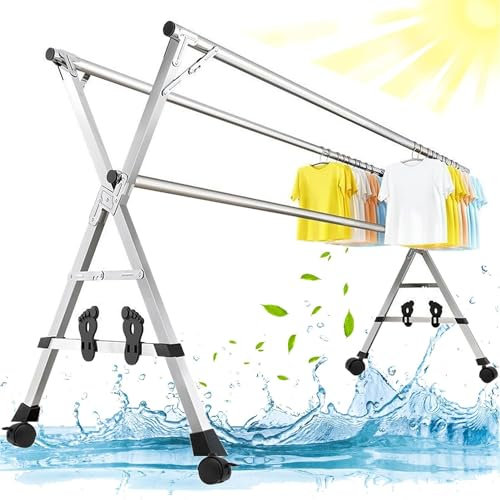 LULUMAIC Wäscheständer, Wäscheständer, ausziehbarer Wäschetrockner, Faltbarer, ausziehbarer Wäschetrockner mit Universalrad, windbeständigen Haken und Schuhhalter (200 cm)
