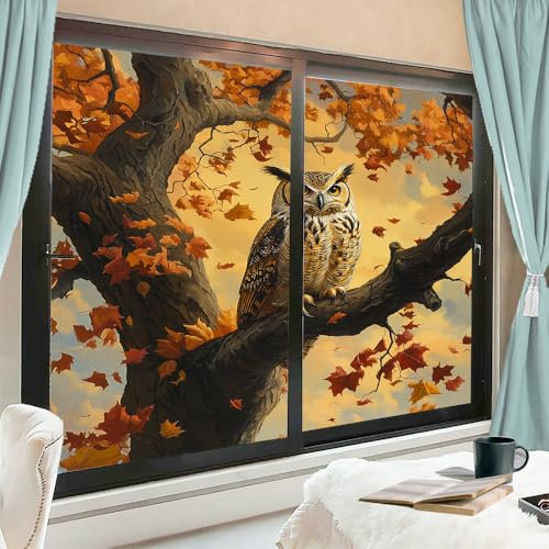 Coole Eule Sichtschutz-Fensterfolie, modern, Natur, Tier, schöner Baum, Buntglas-Fensterabdeckungen, kein Kleber, statische Haftung, Fensterfolie für Zuhause, Zimmer, 45 x 60 cm, 2 Stück