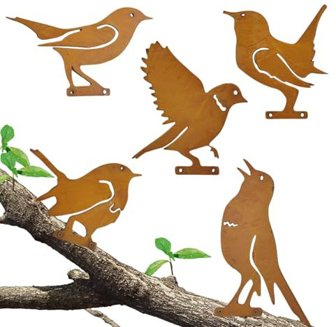 Suynauetev 5 Stück Rostiger Vogel Gartendeko Rostige Gartendeko für Draußen Gartenstecker Rost Metall Dekoration Garten Deko Deko Vogel für Garten Patio Park Staketenzaun Baum AST Stamm Dekoration