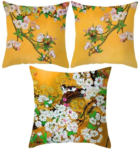 FOSDICK 3er Kissenbezug Frühling KissenhüLlen 45x45, Vogel Blume Deko KissenhüLle 45x45cm Outdoor Kissen Frühling Dekokissen Bunte Aesthetic Kissenbezüge Frühling für Sofa Couch Wohnzimmer Zierkissen