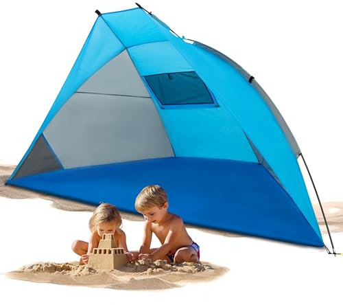 EXPLORER Strandmuschel mit UV Schutz 80+ [270x120x120cm] kleines Packmaß [9x59cm] leicht [1,4Kg] Strandzelt Sonnenschutz Muschel Windschutz blau