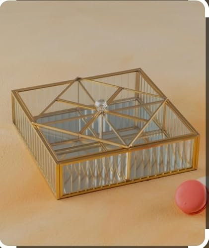 Acar Boîte à bijoux en verre et métal doré – Design géométrique, 4 compartiments, couvercle amovible – Rangement élégant et décoratif