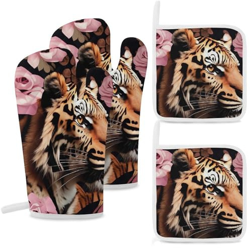 Oven Mitts Pot Holders Kitchen Animal Tiger Leopard Print Rose Flower Heat Resistant Oven Glove for Baking and Cooking