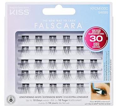 KISS Falscara Kit Extension de Cils Maison Complet – 36 Wisps en bouquets, Bond & Seal et applicateur, faux cils DIY effet naturel volume, pose sous les cils look extension salon