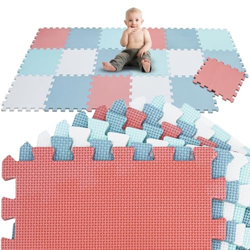 LittleTom Spielmatte Baby Puzzlematte Pastellfarben - 18 Matten je 30x30 cm Krabbelmatte 180x90 cm Bodenmatte Kinder - Puzzle Teppich Kinderzimmer - Bodenschutzmatte Spielteppich - Schaumstoffmatte